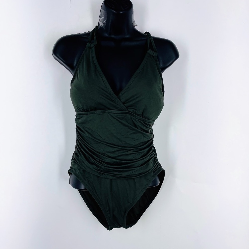 La Blanca Island Goddess Ruched One Piece Swimsuit Olive Green Size 8